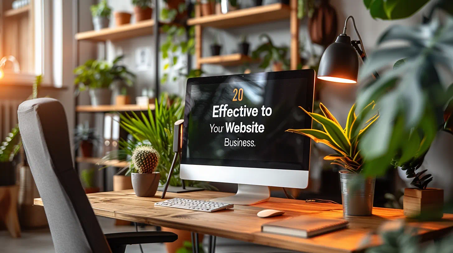 A desk with a monitor reading "20 Effective Ways to Improve Your Website Business", surrounded by house plants