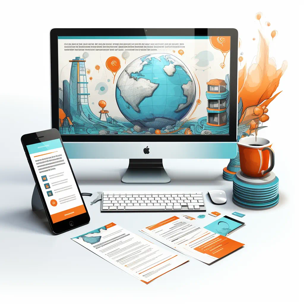 Illustration of a website on a desktop monitor and a phone, with printed pages and a coffee mug