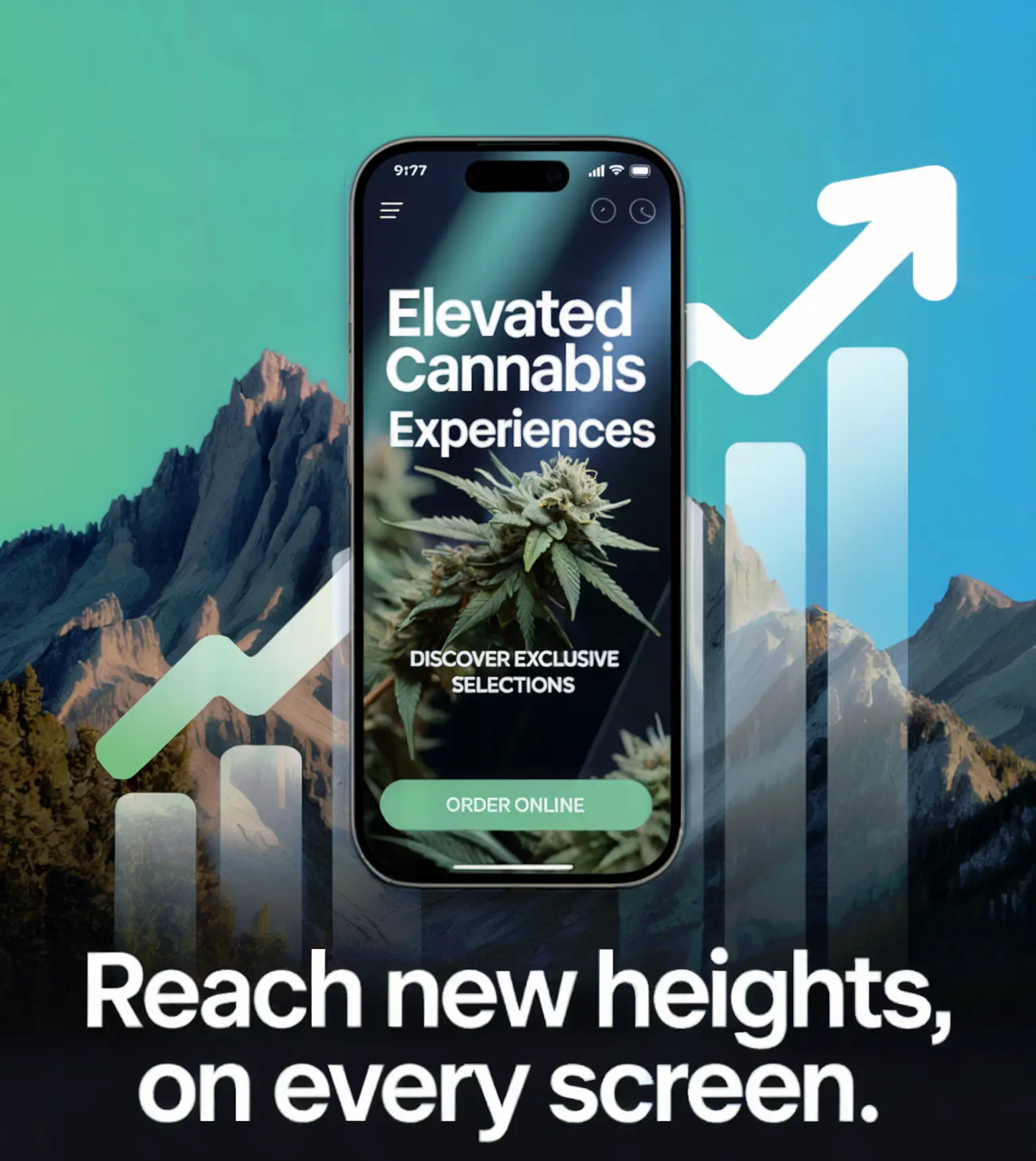 A dispensary website shown on a phone against a mountain backdrop, with a rising sales graph behind it.