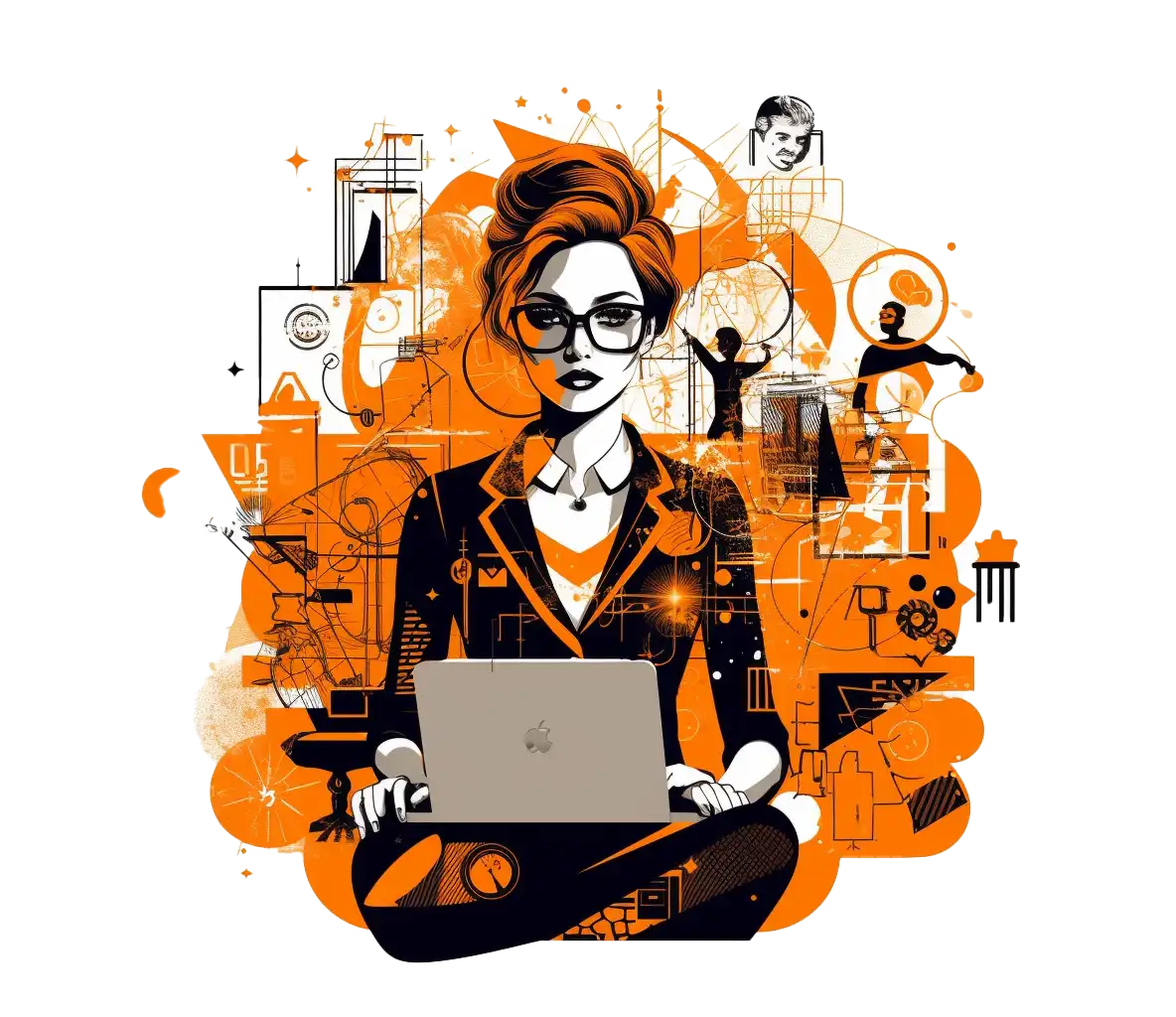 Illustration of a designer surrounded by finished brand and print work