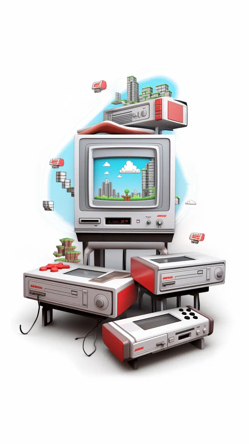 Vintage gaming console and pixel art city