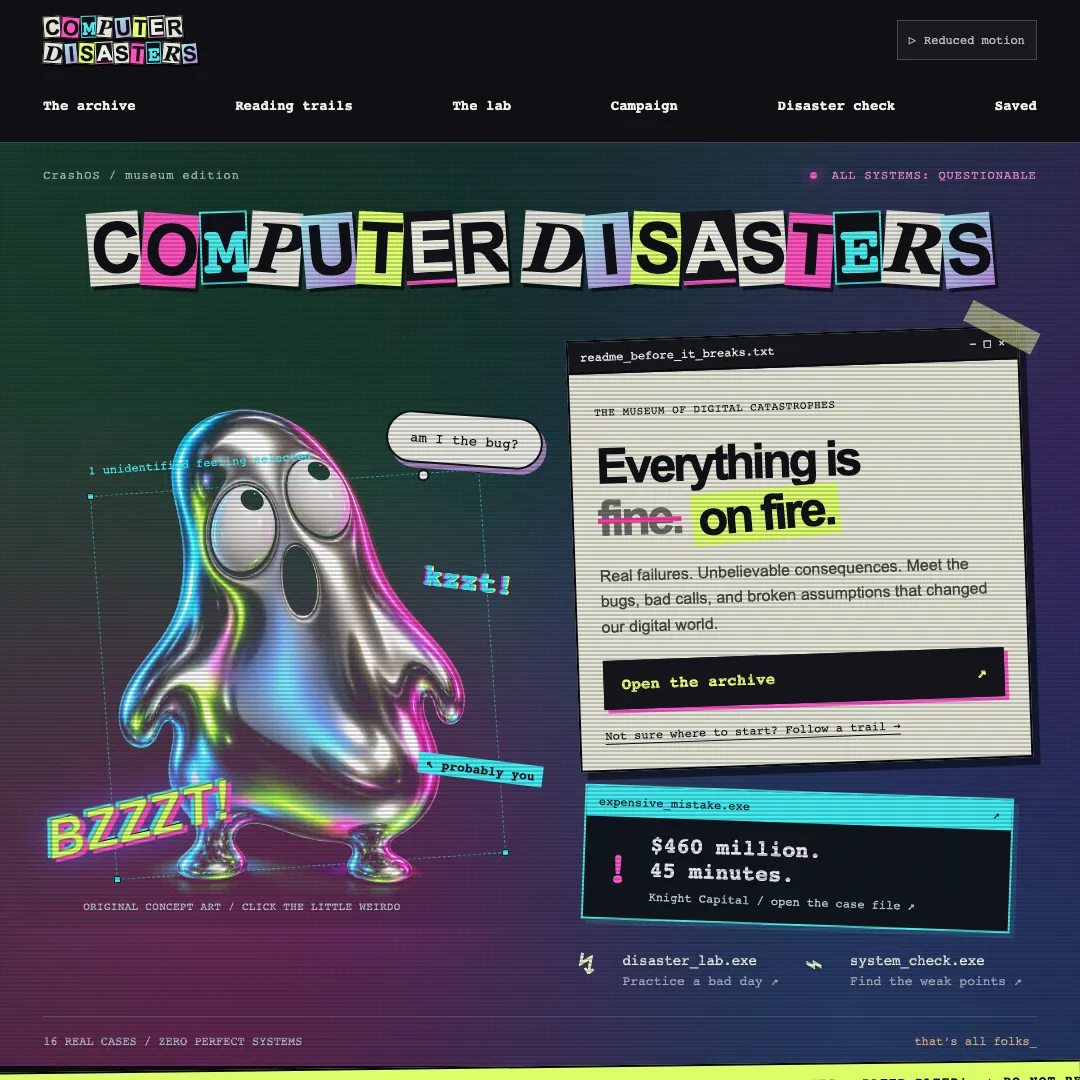 Computer Disasters homepage with its ransom-note wordmark and chrome ghost mascot.