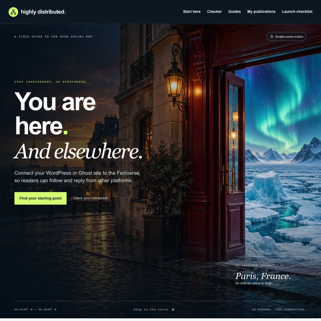 Highly Distributed homepage: a Paris doorway opening onto the northern lights.