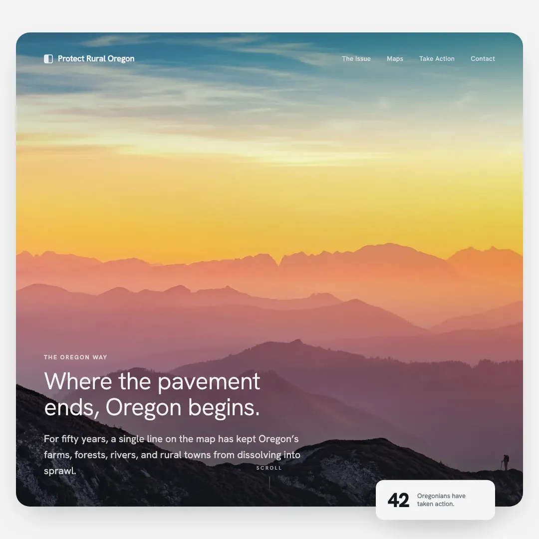 Protect Rural Oregon homepage: a sunset over layered mountain ridges under the line "Where the pavement ends, Oregon begins."