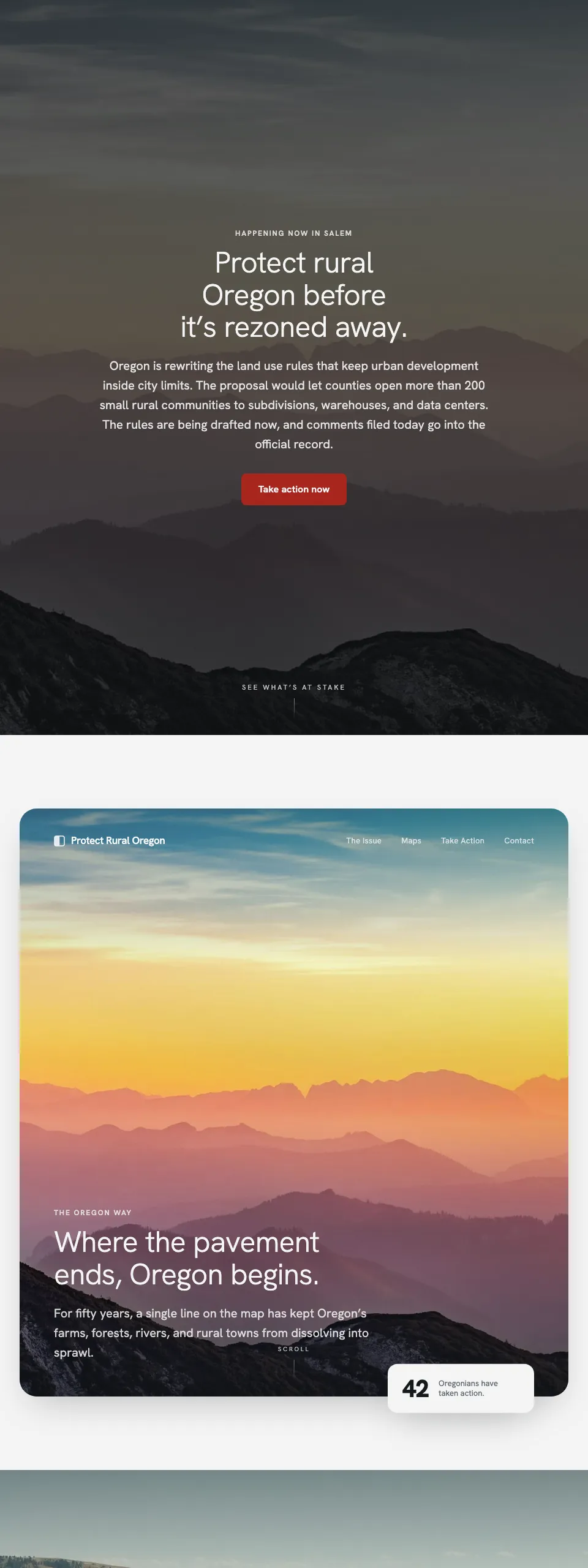 Protect Rural Oregon homepage, from its dusk hero to its sunset panel.