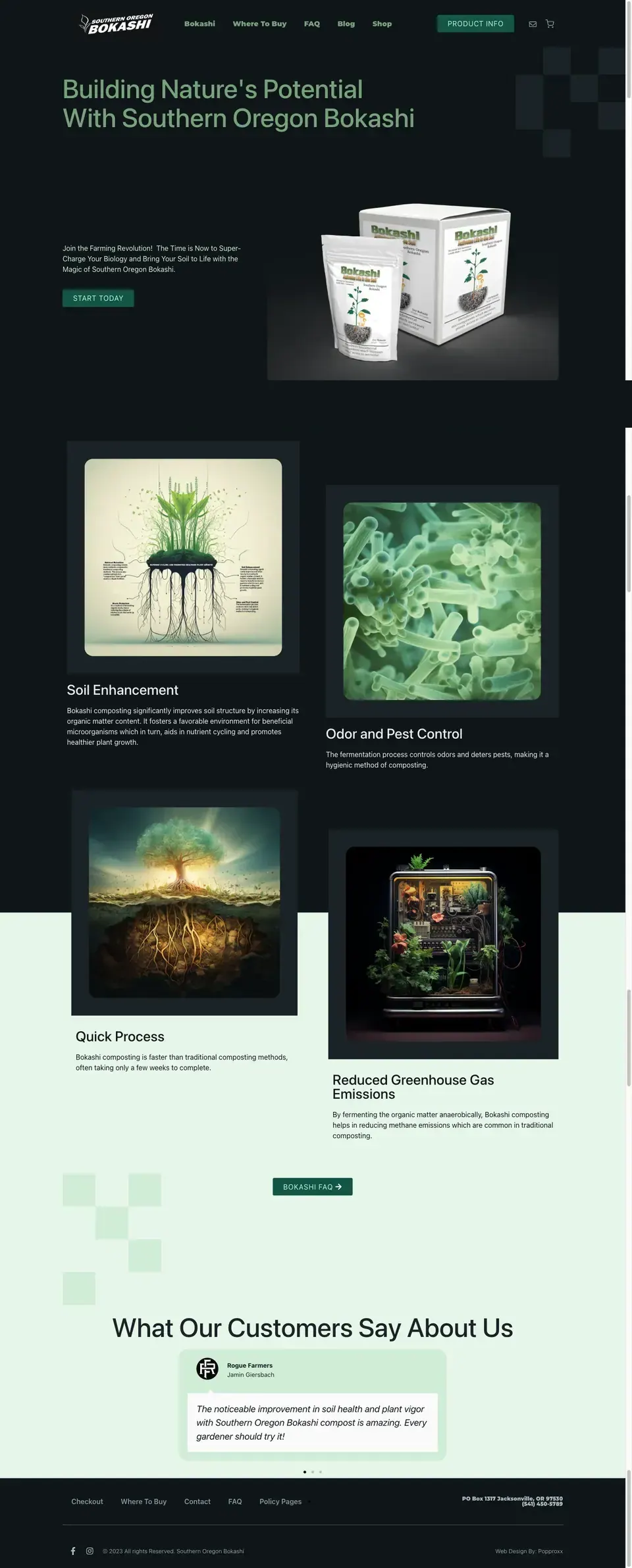 Southern Oregon Bokashi dark-theme e-commerce homepage.