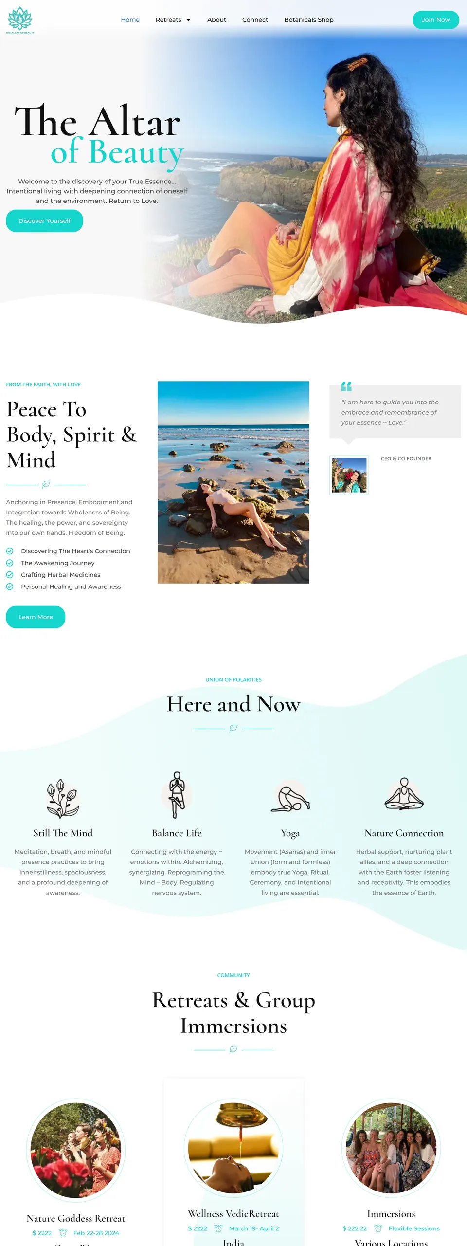 The Altar of Beauty retreat homepage.