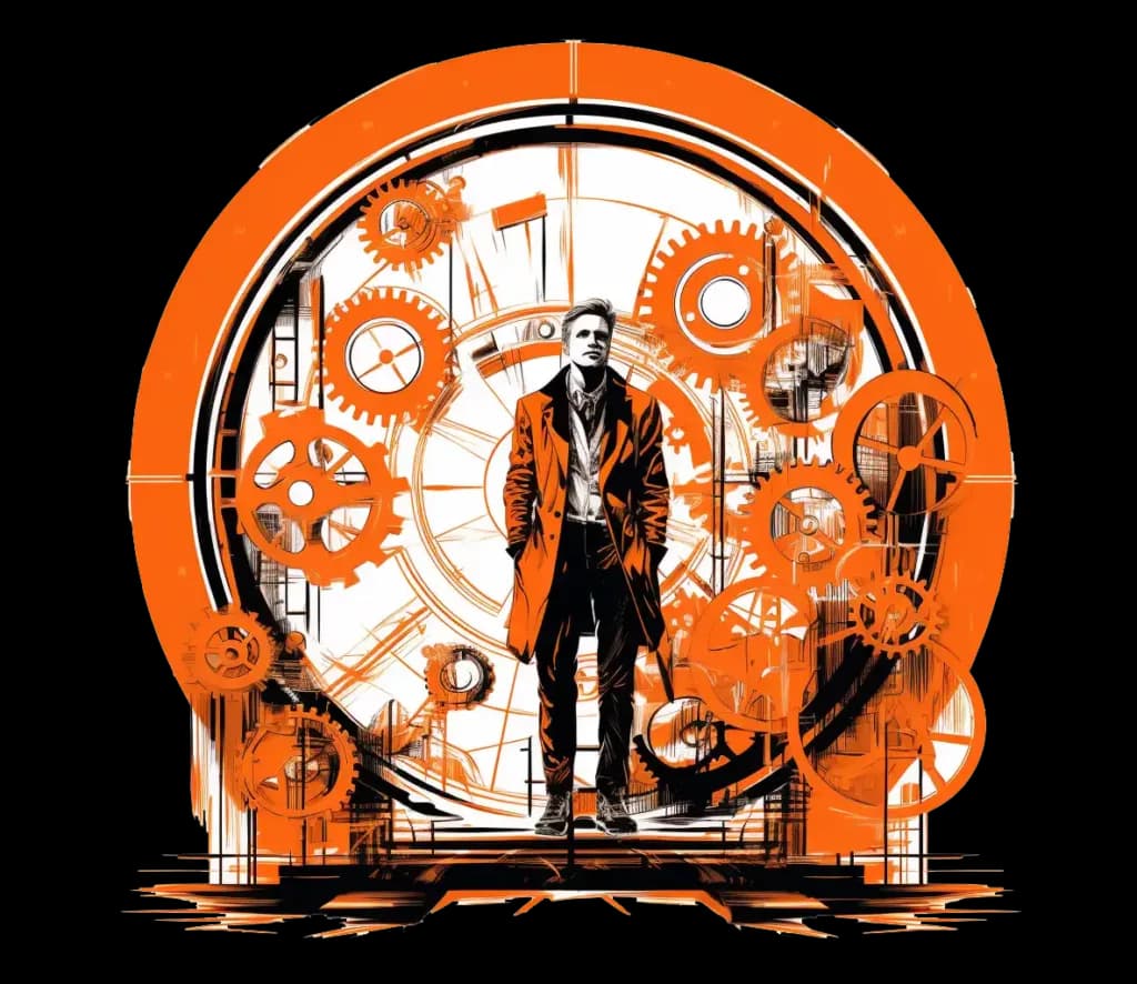 standing in a steampunk clock factory