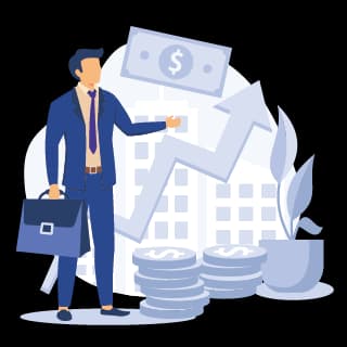 Illustration of a man with a briefcase beside a rising arrow and stacks of coins