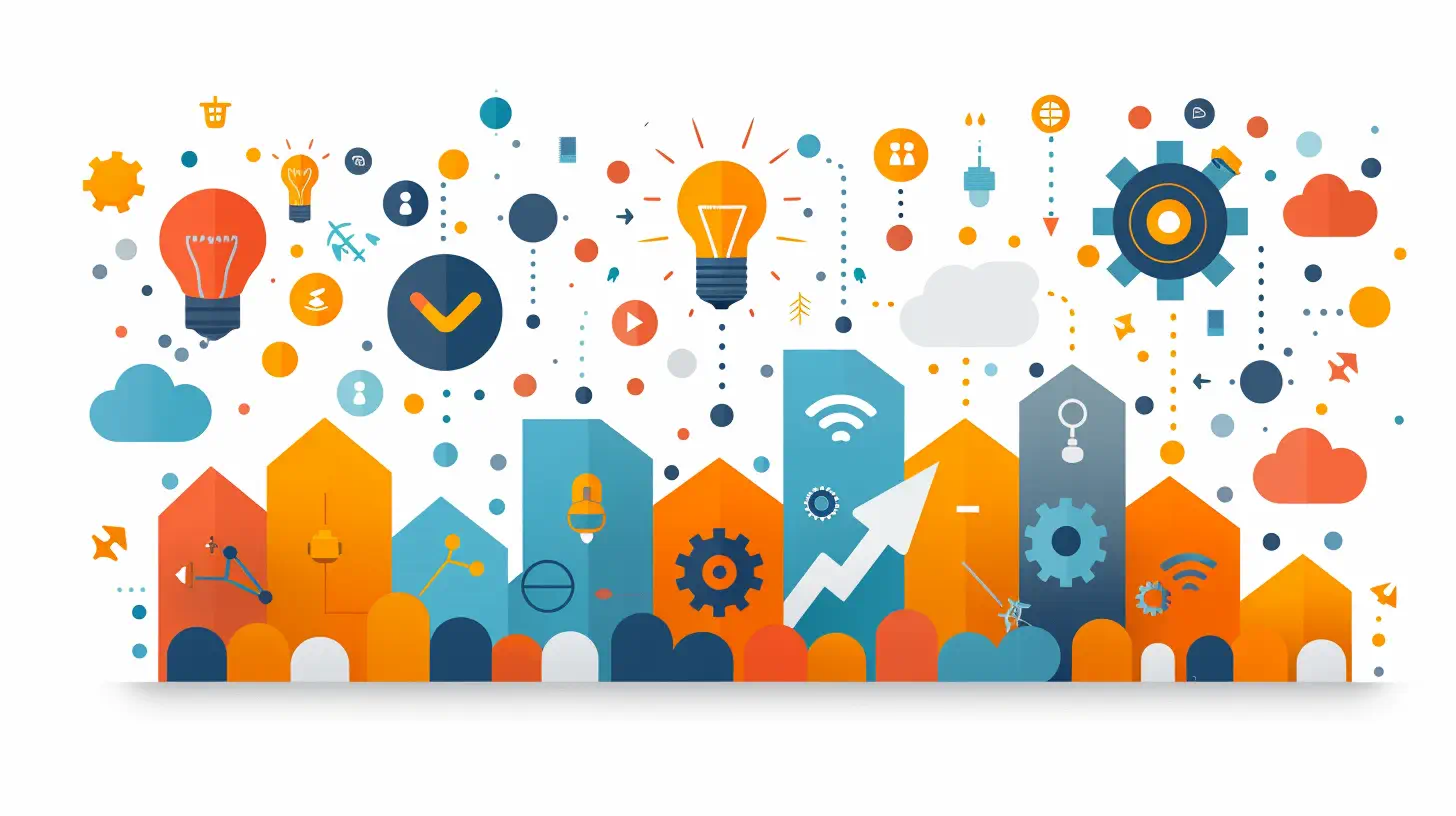 Flat illustration of orange and blue bars rising among light bulbs, gears, clouds and an upward arrow