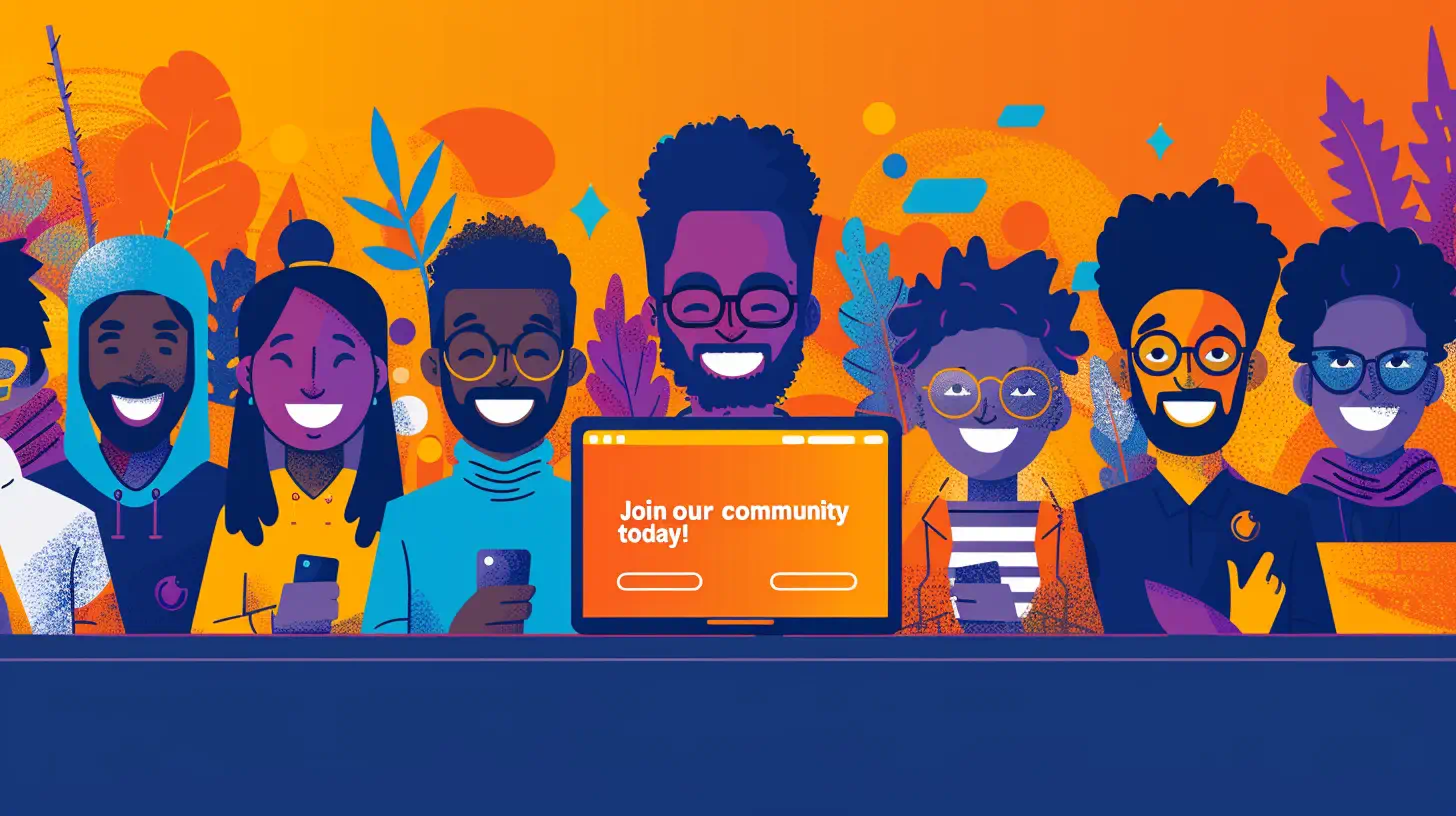 Illustration of a row of smiling people behind a laptop whose screen reads “Join our community today!”