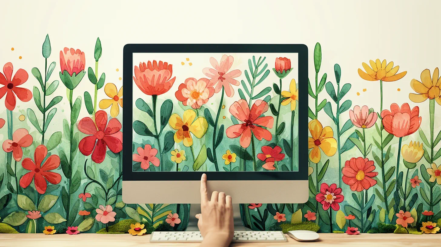 fresh content strategy Watercolor of a hand pointing at a computer screen filled with flowers, against a wall of painted flowers