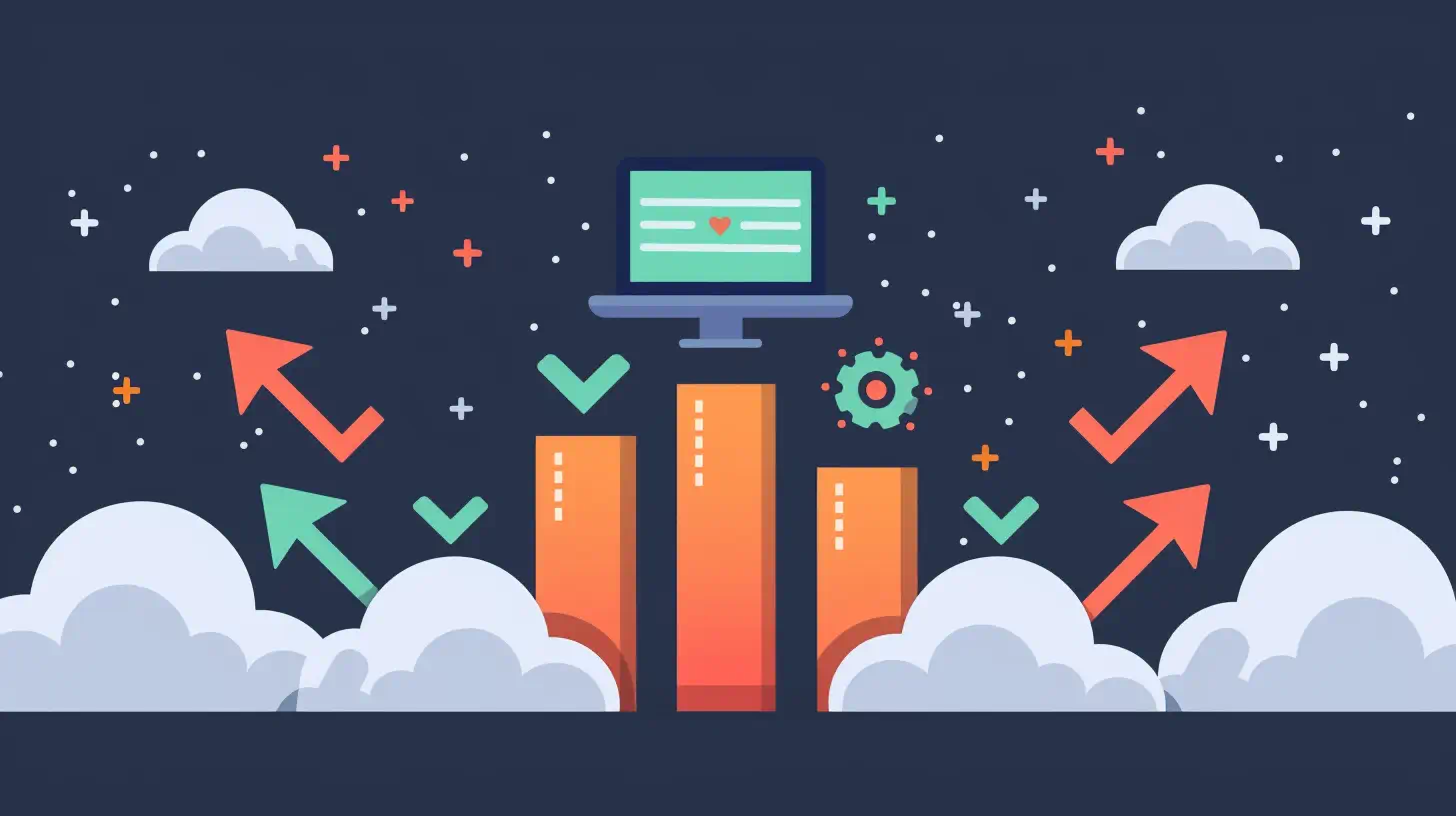 website performance enhancement Illustration of a computer monitor above three rising orange bars, with arrows and check marks among clouds