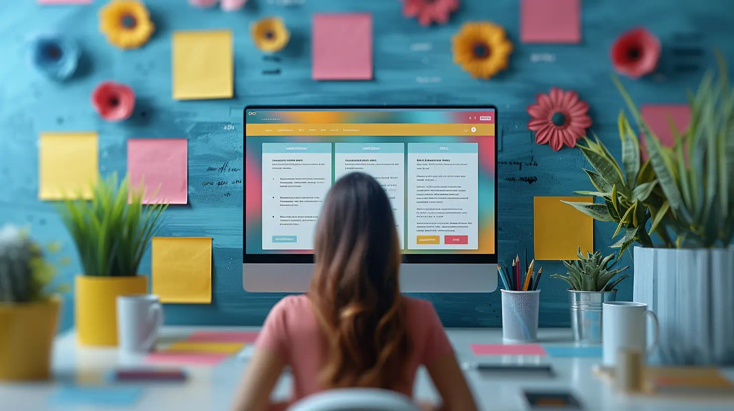 A woman at a desk facing a monitor that shows a three-column web page, in front of a wall of sticky notes and paper flowers