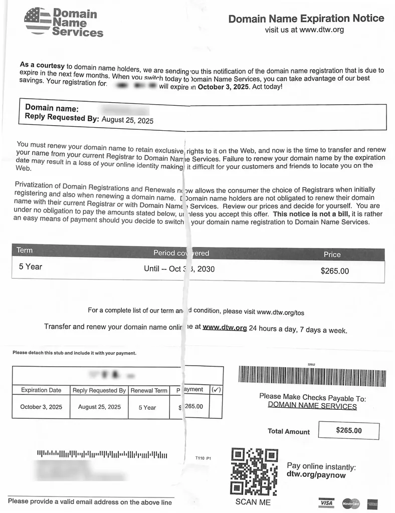 A mailed letter headed Domain Name Expiration Notice from Domain Name Services, with a reply-by date of August 25, 2025, an expiration date of October 3, 2025, a five-year term for $265.00, and a payment stub; the client's domain name is blurred