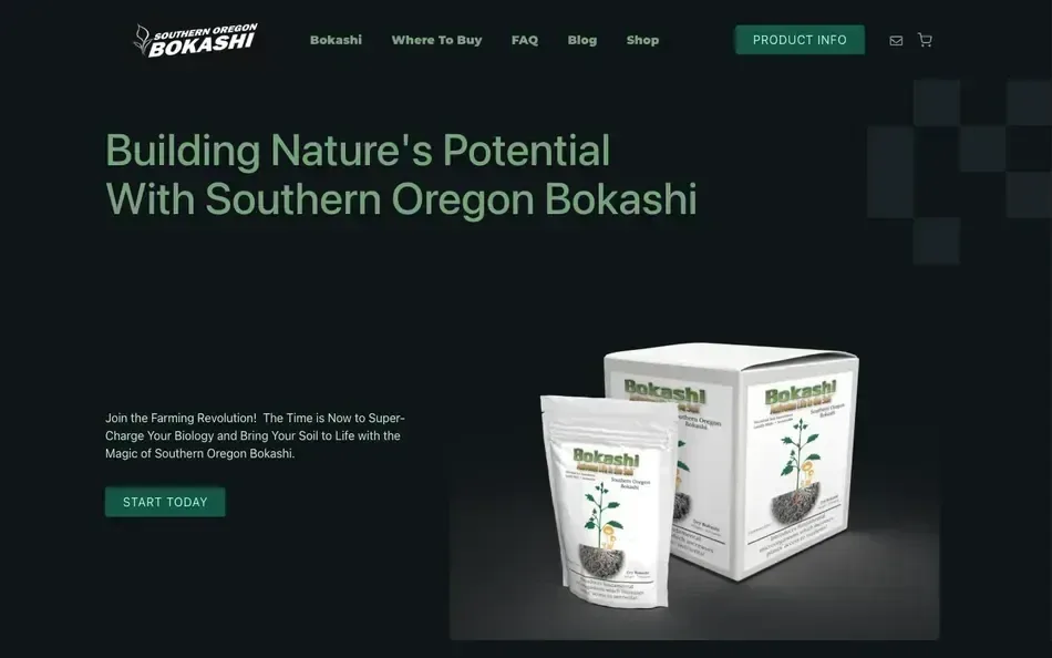 The Southern Oregon Bokashi homepage: the headline Building Nature's Potential With Southern Oregon Bokashi beside a bag and a box of bokashi